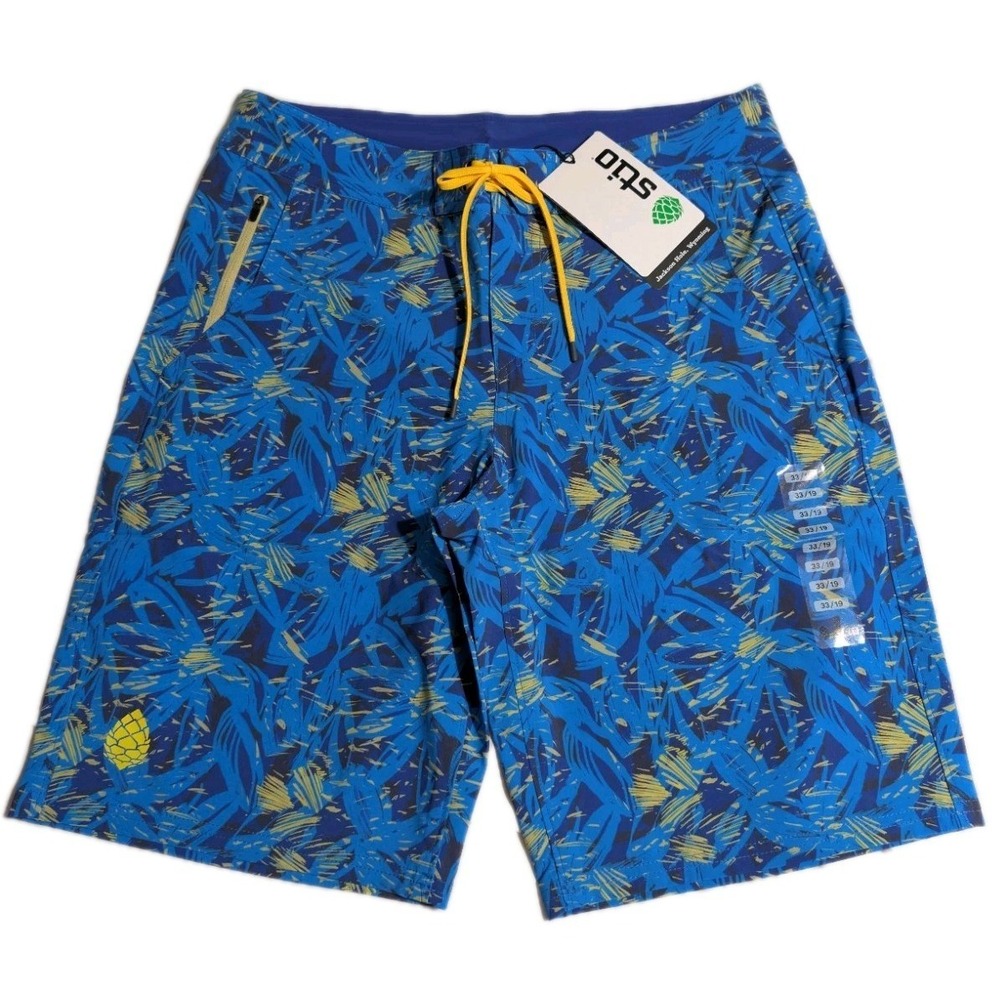 Stio Speedy Stream Board Shorts‎ Mens 33 Painted Floral Blue Swim Trunks NWT